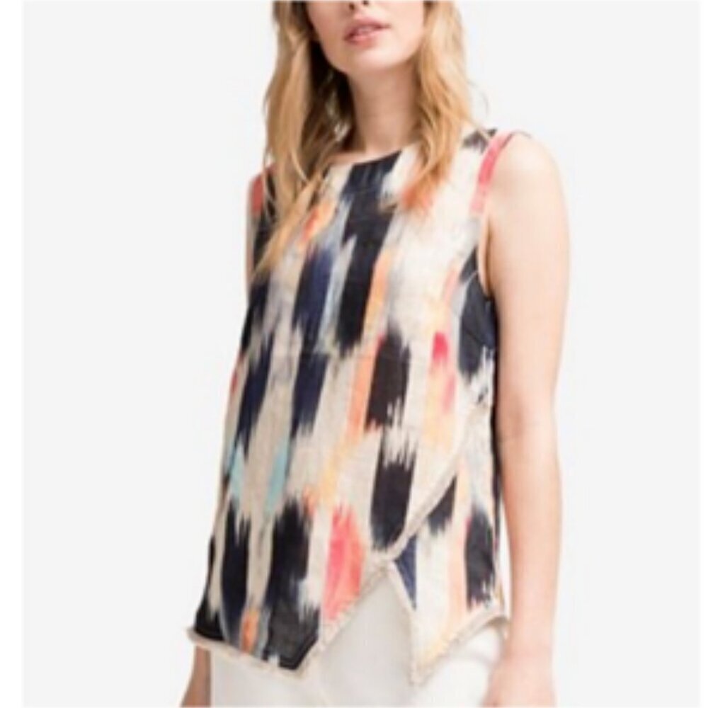 NEW Dkny 100% Linen Raw-Trim Asymmetrical Top Abstract Ikat Print Large